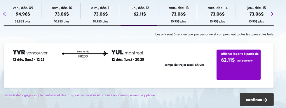 Vols Vancouver-Montr\u00e9al du lundi 12 d\u00e9cembre au jeudi 15 d\u00e9cembre.