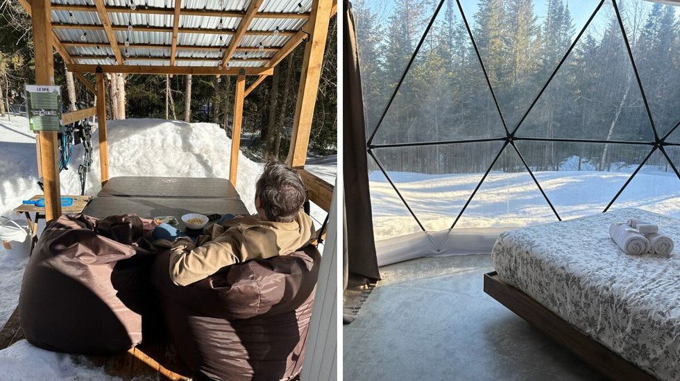 Voyageur devant le spa sur une terrasse en bois. \u00c0 droite un lit devant la toile transparente du d\u00f4me qui donne sur des arbres.