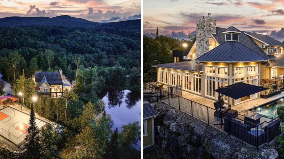 Vue a\u00e9rienne d'un chalet avec terrain de basketball et lac. Droite : Vue ext\u00e9rieure d'un chalet avec piscine creus\u00e9e.