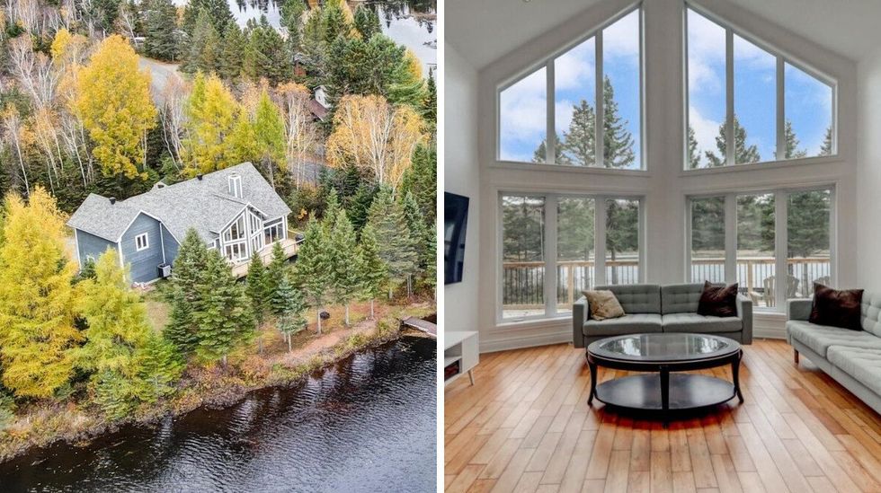 Vue a\u00e9rienne d'un chalet situ\u00e9 pr\u00e8s du lac Ludger. Droite : Salon avec des divans et un toit cath\u00e9drale offrant une vue sur le lac Ludger.