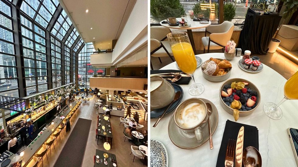 Vue a\u00e9rienne du restaurant Stanley, mettant en avant ses hauts plafonds et sa grande fenestration. Droite : Une table agr\u00e9ment\u00e9e d\u2019une s\u00e9lection de viennoiseries et de baies, accompagn\u00e9e de verres de mimosa. 