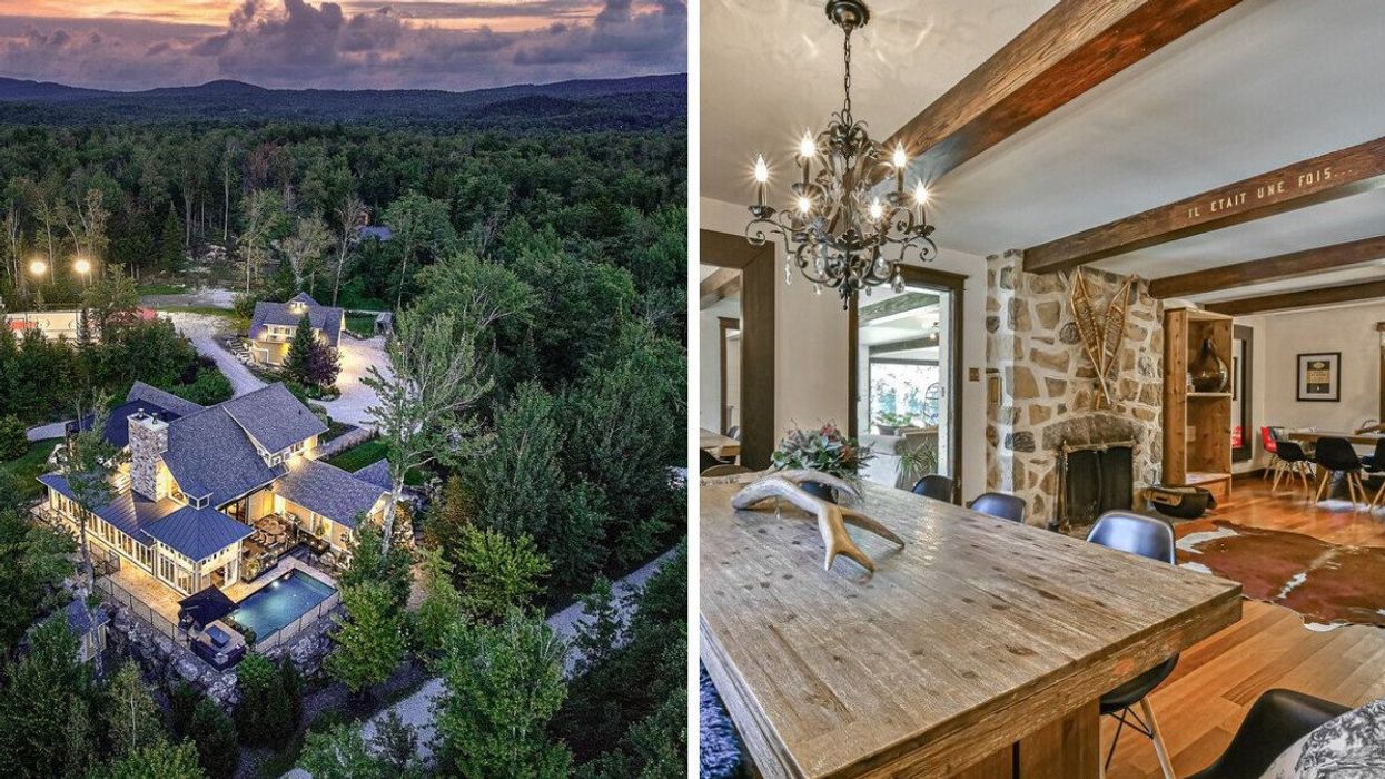 Vue aérienne d'un chalet luxueux dans les bois avec piscine creusée. Droite : Salle à manger d'un chalet au décor chaleureux, avec foyer et luminaire suspendu.