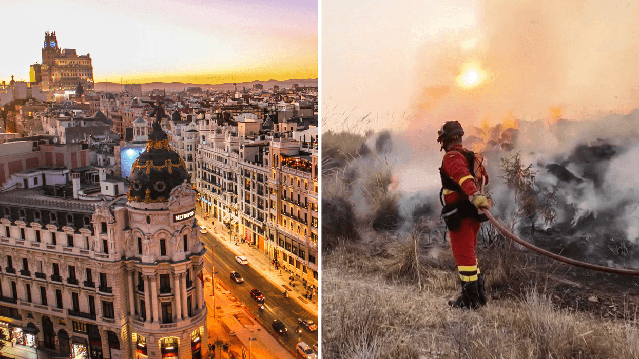 Vue aérienne de Madrid. Droite : Un pompier qui combat les feux de forêt en Espagne.