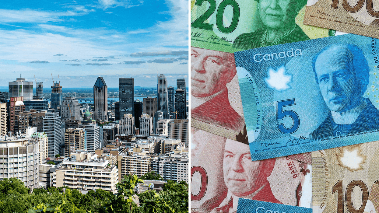 Vue aérienne de Montréal. Droite : De l'argent canadien.