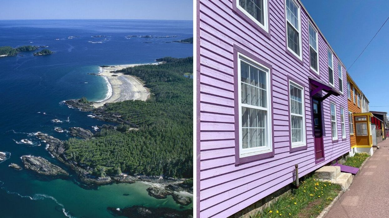 Vue aérienne de Tofino en Colombie-Britannique. Droite : Une maison colorée à Saint-Pierre-et-Miquelon.