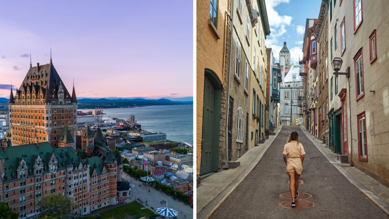 Vue aérienne du Château Frontenac et du Vieux-Québec au coucher du soleil avec le fleuve Saint-Laurent en arrière-plan. Droite: Droite: Personne marchant dans une rue étroite et pittoresque du Vieux-Québec entourée de bâtiments historiques colorés.