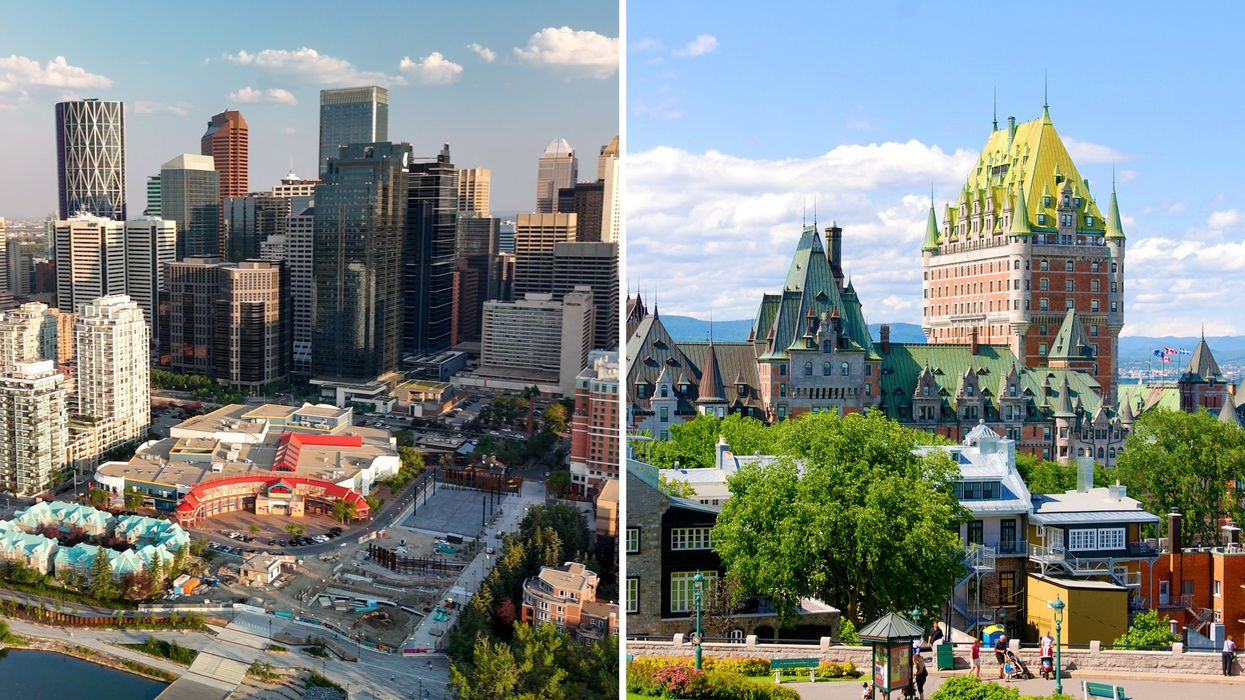 Vue de Calgary. Droite : vue du Chateau Frontenac, à Québec.