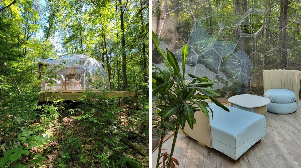 Vue de l'ext\u00e9rieur. Droite : Le coin salon.