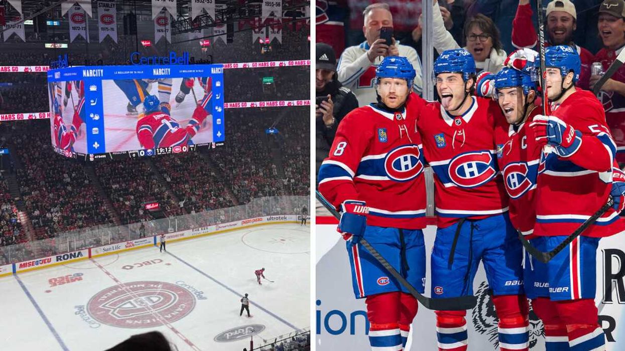 Vue de la glace du Centre Bell. Droite : Les joueurs des Canadiens de Montréal.