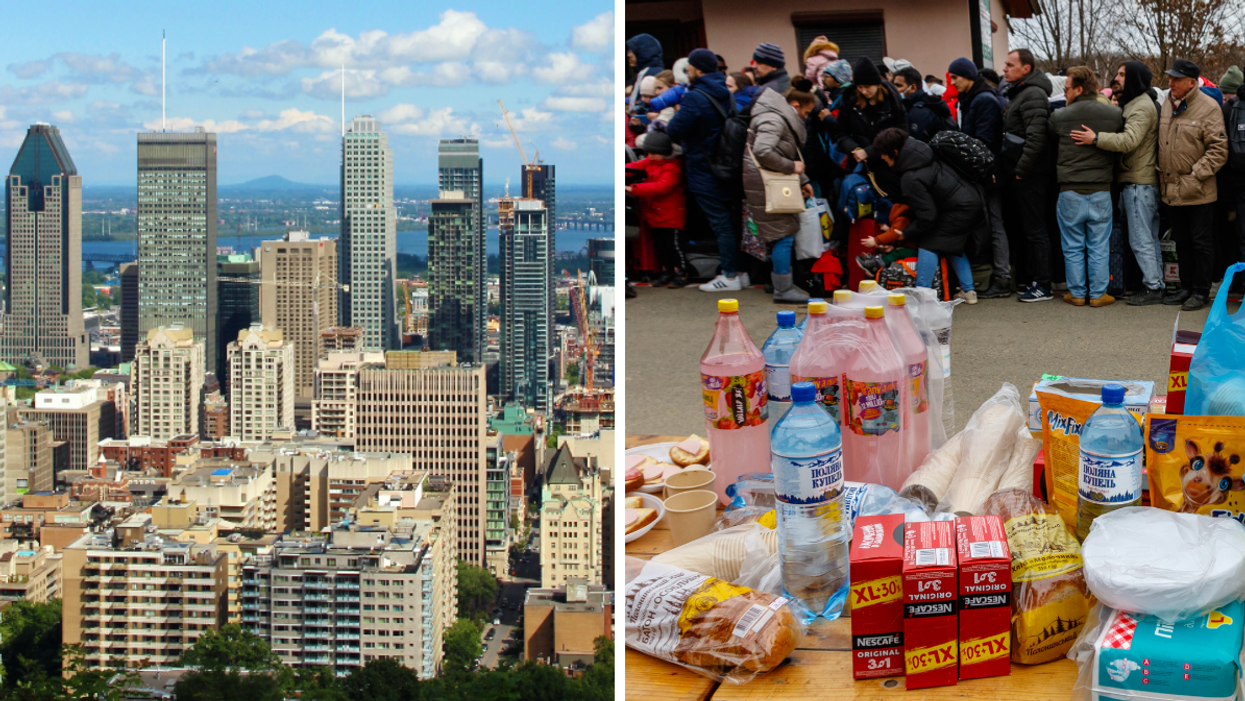Vue de Montréal. Droite : Aide alimentaire pour les Ukrainiens.
