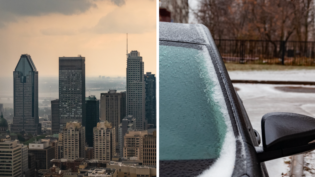 Vue de Montréal. Droite : Verglas et neige sur une voiture.