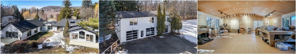 Vue ext\u00e9rieur de la maison \u00e0 vendre. Centre : Le garage du 3725, rang des \u00c9tangs, Saint-Jean-Baptiste, QC. Droite : L'atelier.