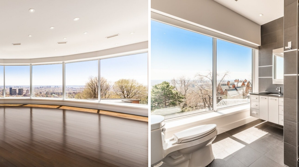 Vue panoramique. Droite: Salle de bain.