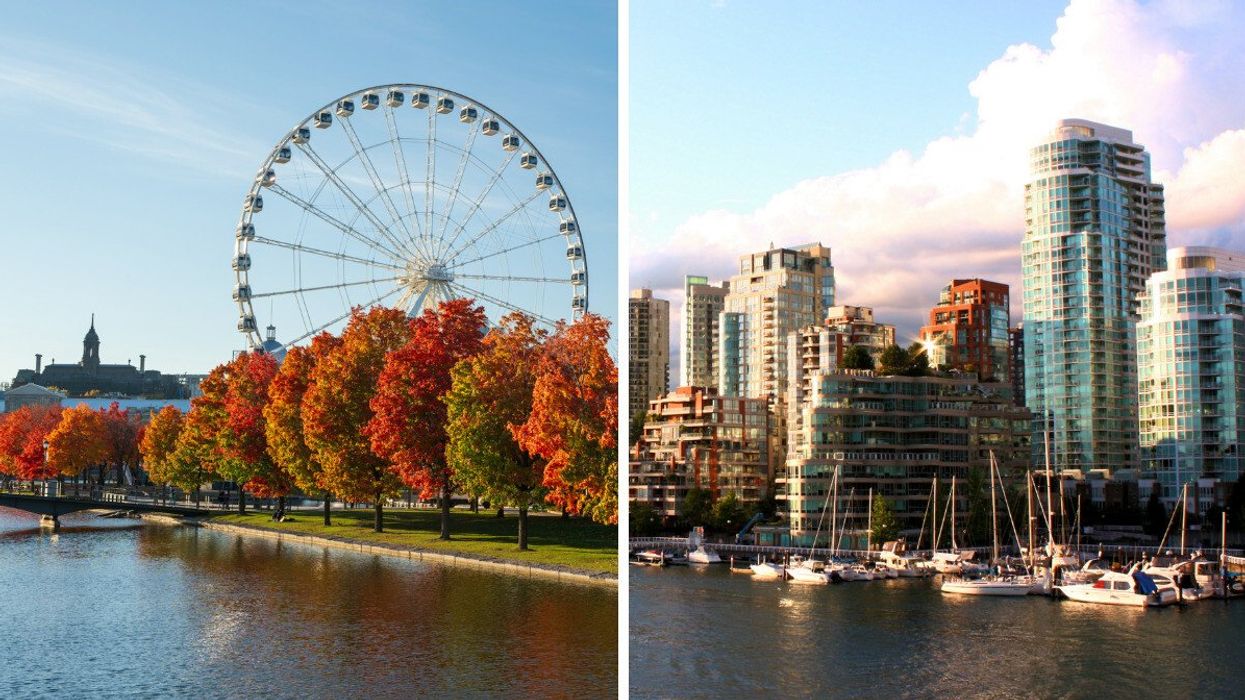 Vue sur la grande roue au Vieux-Port de Montréal en automne. Droite : vue sur un port à Vancouver.