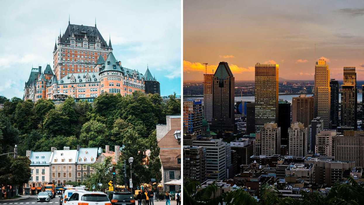 Vue sur le château Frontenac, à Québec. Droite : Vue sur le centre-ville de Montréal.
