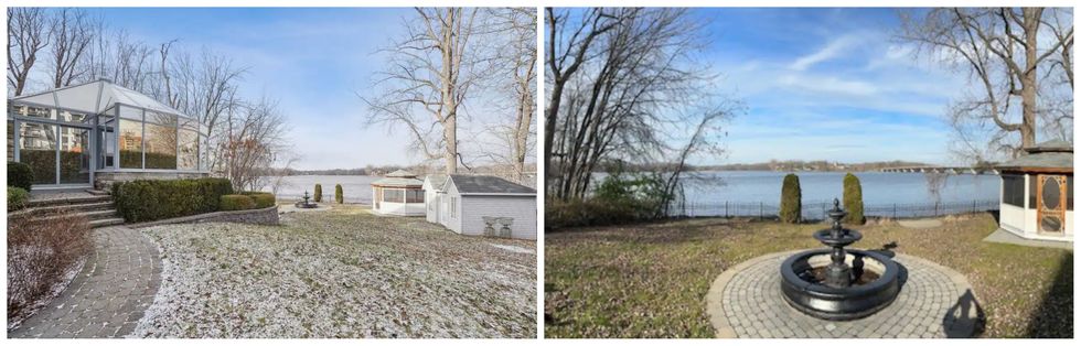 Vue sur le terrain, le solarium et le bord de l'eau de l'ancienne propri\u00e9t\u00e9 de C\u00e9line Dion.