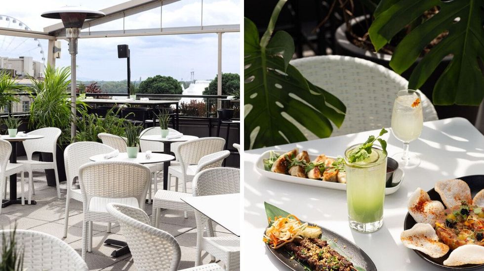 Vue sur Montr\u00e9al depuis la terrasse Perch\u00e9. Droite : Plats et cocktails servis sur la terrasse Perch\u00e9.