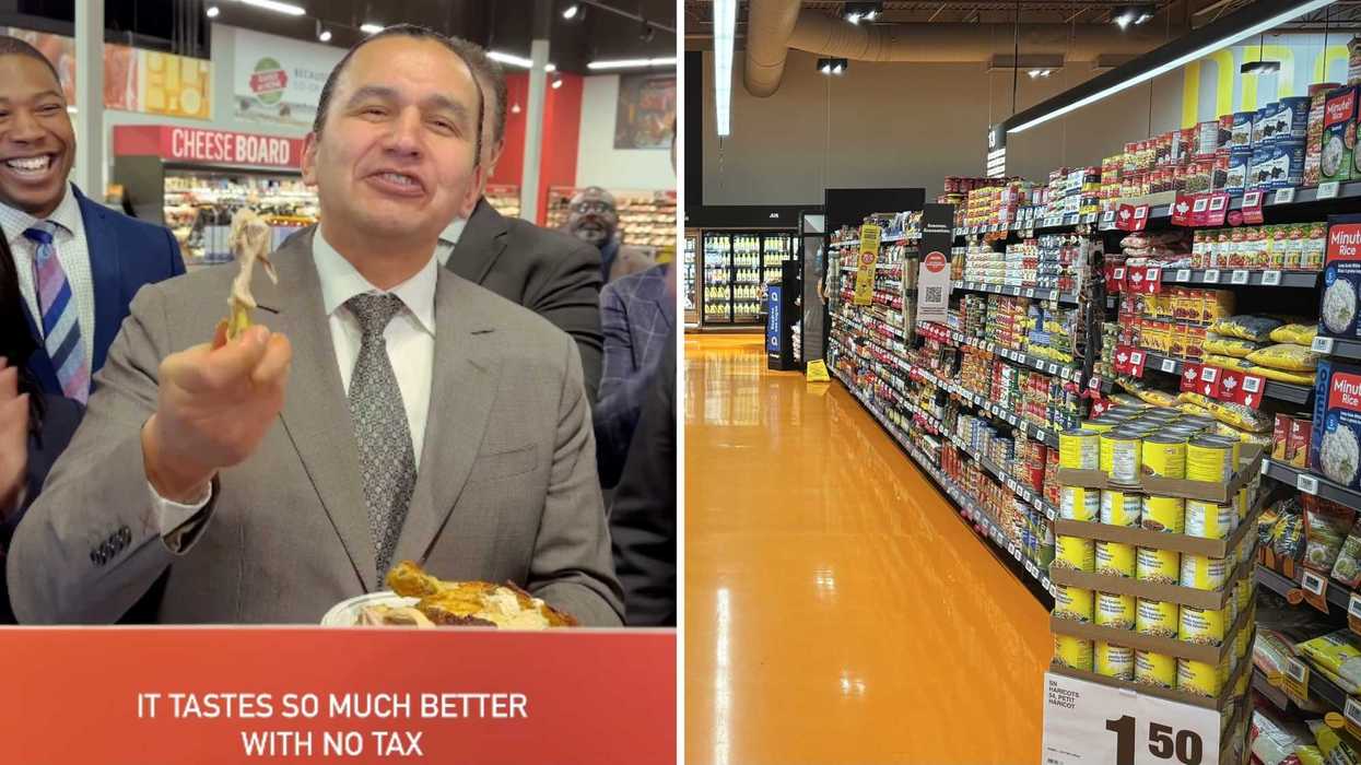 Wab Kinew. Droite : une allée d'épicerie.