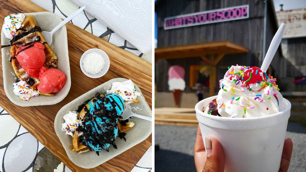 Waffles and ice cream from Louie's Cafe. Right: Bowl of ice cream from What's Your Scoop in Ontario.