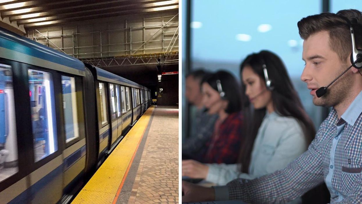 Wagon de métro. Droite : Employé centre d'appels.