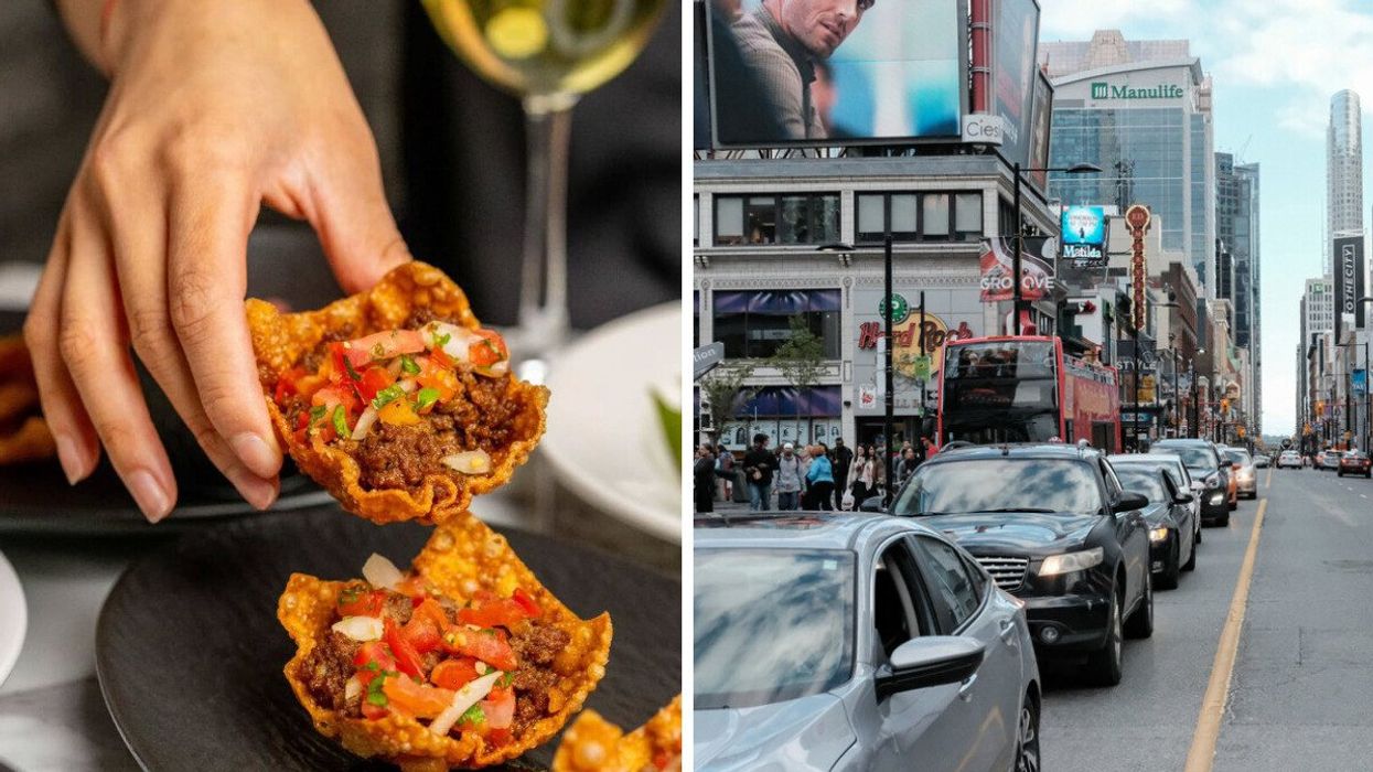 Wagyu wonton tacos at Tokyo Hot Fried Chicken in Toronto. Right: A line of traffic on Yonge St, near Yonge-Dundas Square.