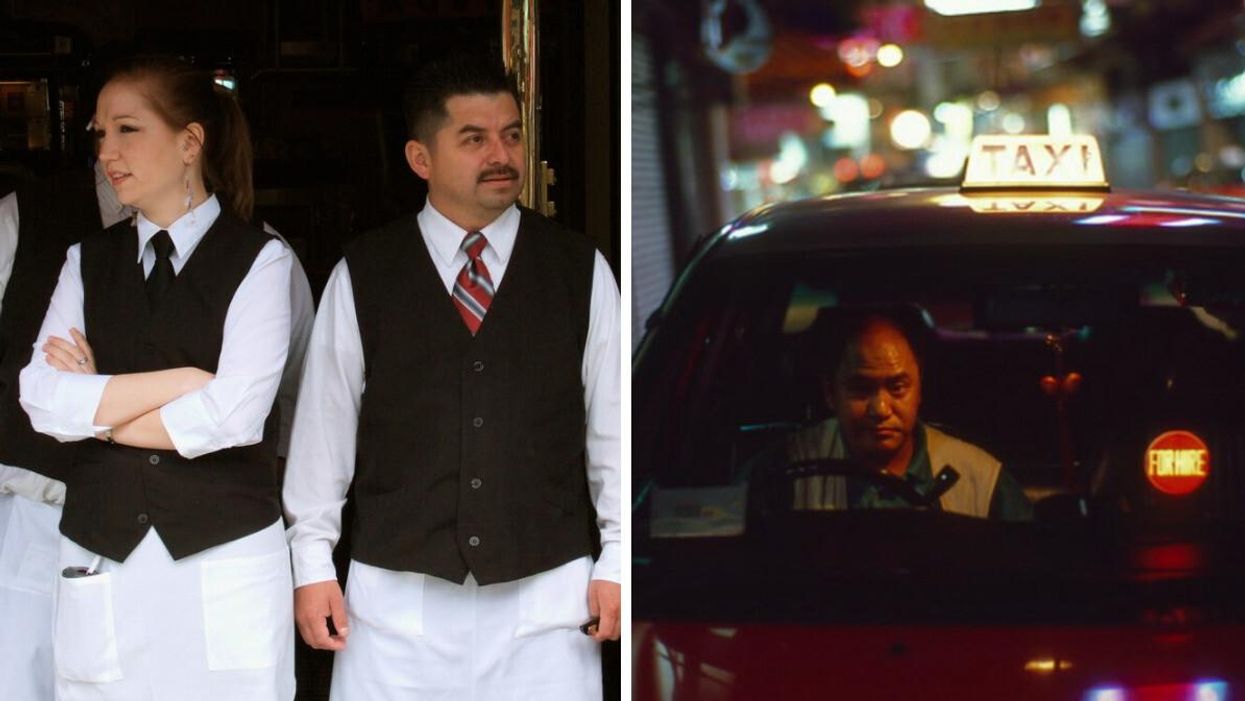 Waiters. Right: A taxi driver.