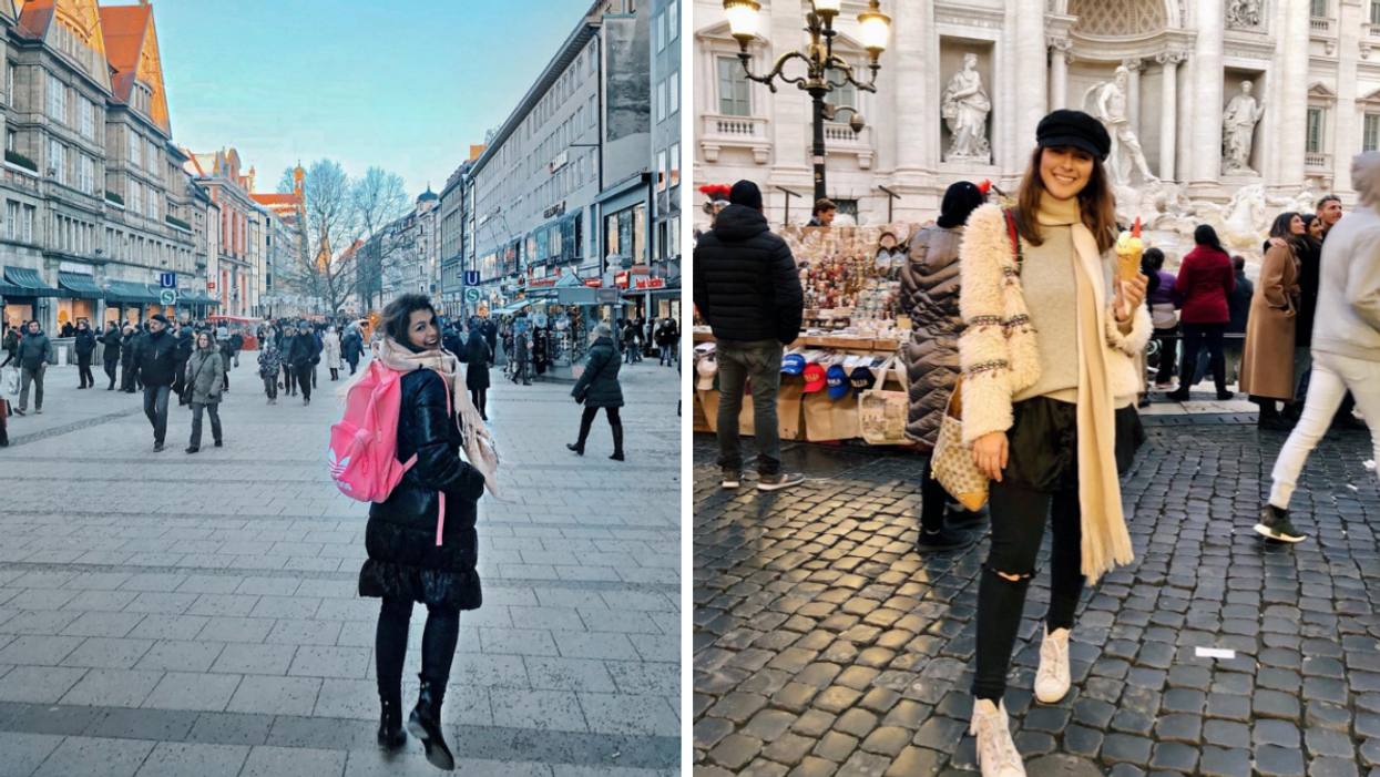 Walking around Marienplatz, Munich. Right: Eating gelato in front of the Trevi Fountain in Rome.