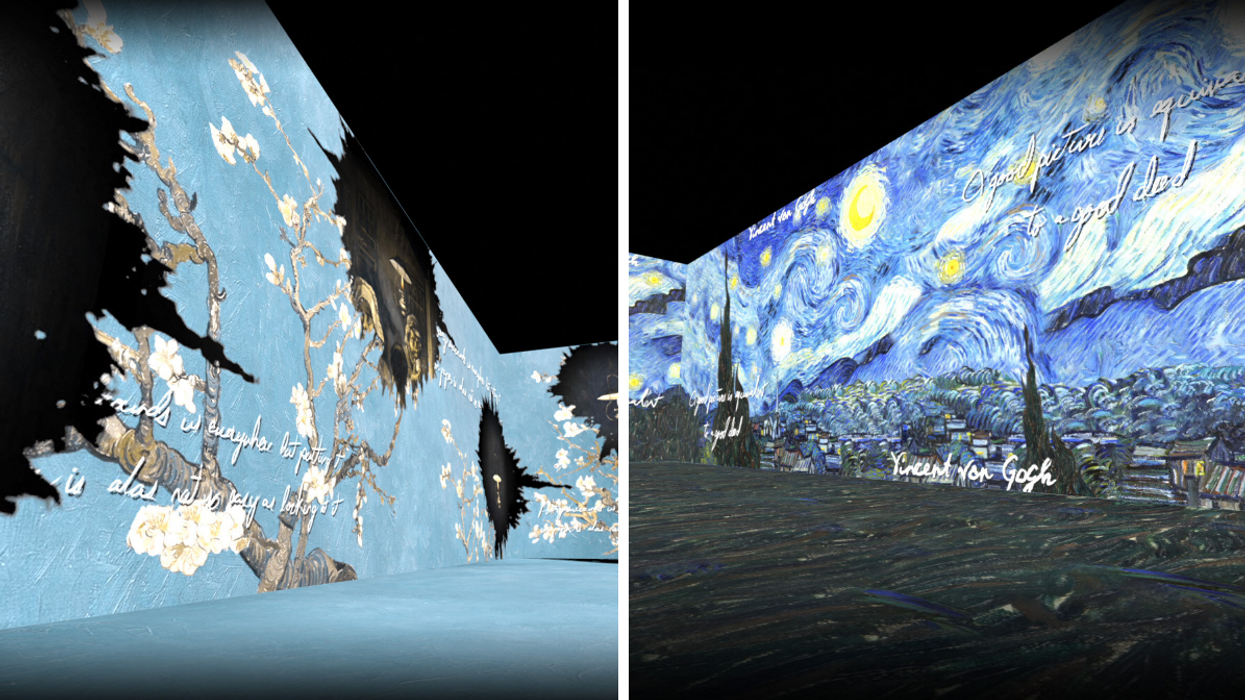 Wall projection of Van Gogh's 'Almond Blossoms'. Right: Immersive exhibit with 'The Starry Night' painting.