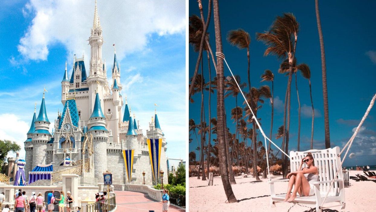 Walt Disney World Resort. Right: A person at a beach.
