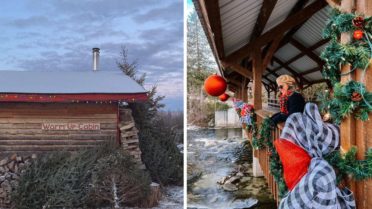 Warm up cabin surrounded by evergreen trees. Right: Woman on a Christmas bridge.