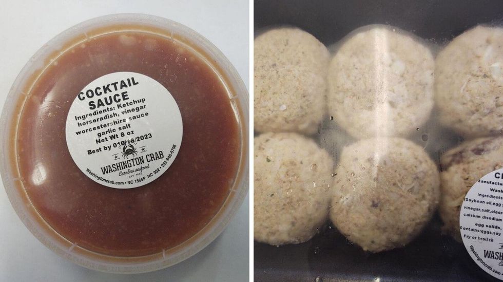 Washington Crab & Seafood Company's recalled Cocktail Sauce. Right: Washington Crab & Seafood Company's recalled Crabcake.
