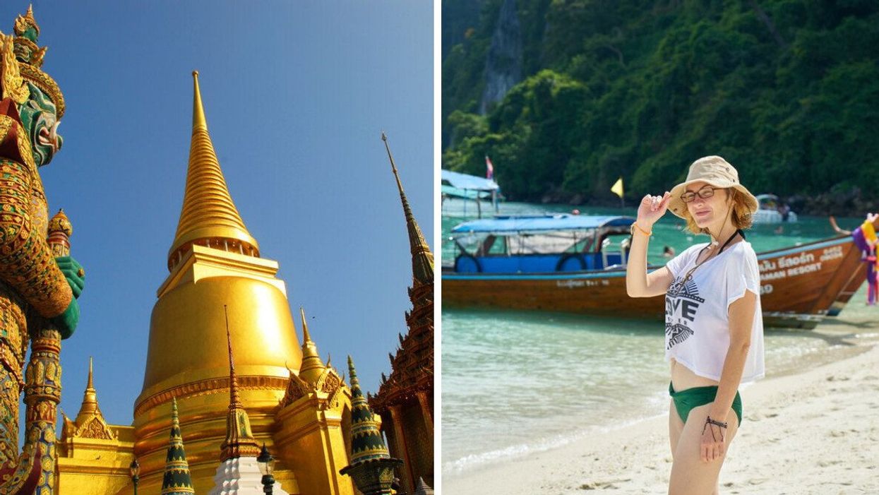 Wat Pho temple in Bangkok, Thailand. Right: A tourist in Thailand.