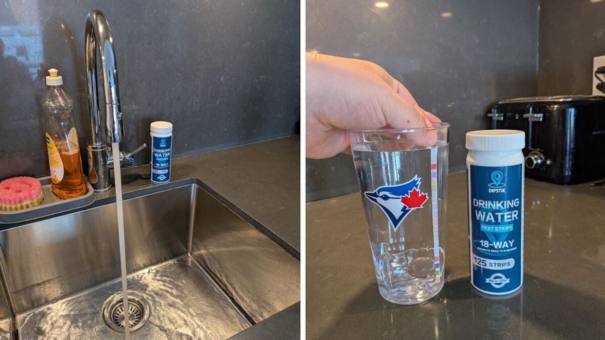 Water coming from a tap into a sink. Right: Dipping a drinking water test strip into a Toronto Blue Jays pint glass.