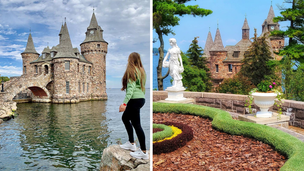 Water view of Boldt Castle. Right: Garden and Boldt Castle on Heart Island.