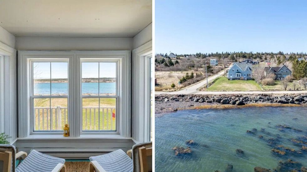 Water views from a window in the house for sale. Right: Aerial view of the house and the water.