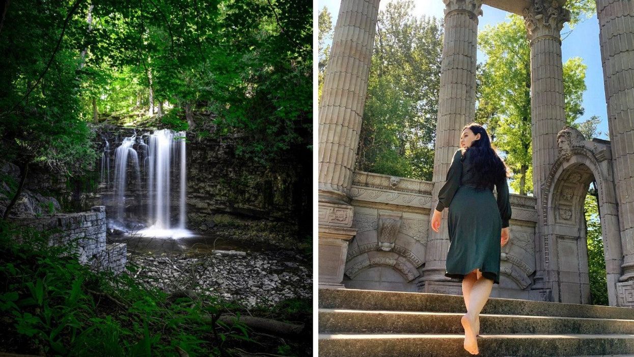 Waterfall and ruins. Right: Woman walking up stone steps.