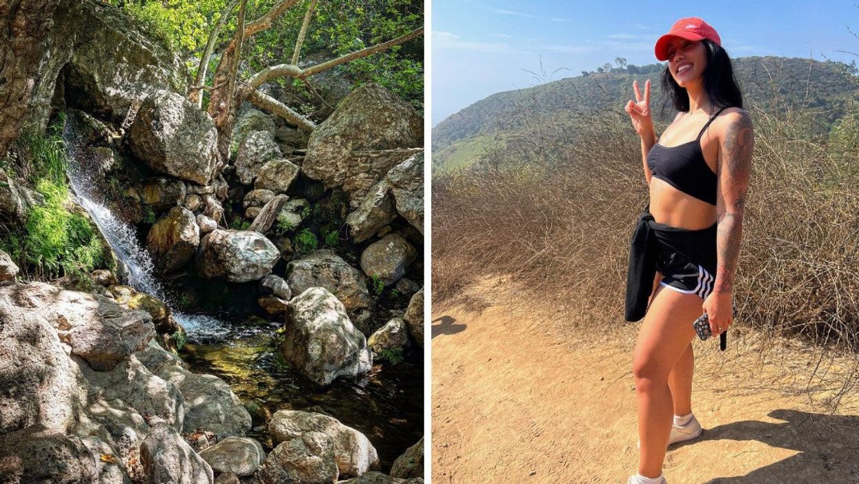 Waterfall at Solstice Canyon in Los Angeles. Right: A woman with a red hat on a hiking train in Solstice Canyon.