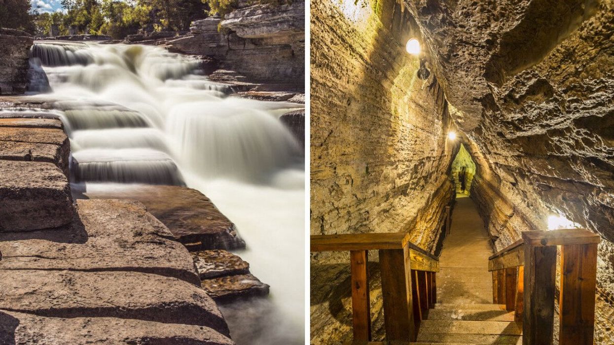 Waterfall near Bonnechere Caves in Ontario. Right: Bonnechere Caves in Ontario.