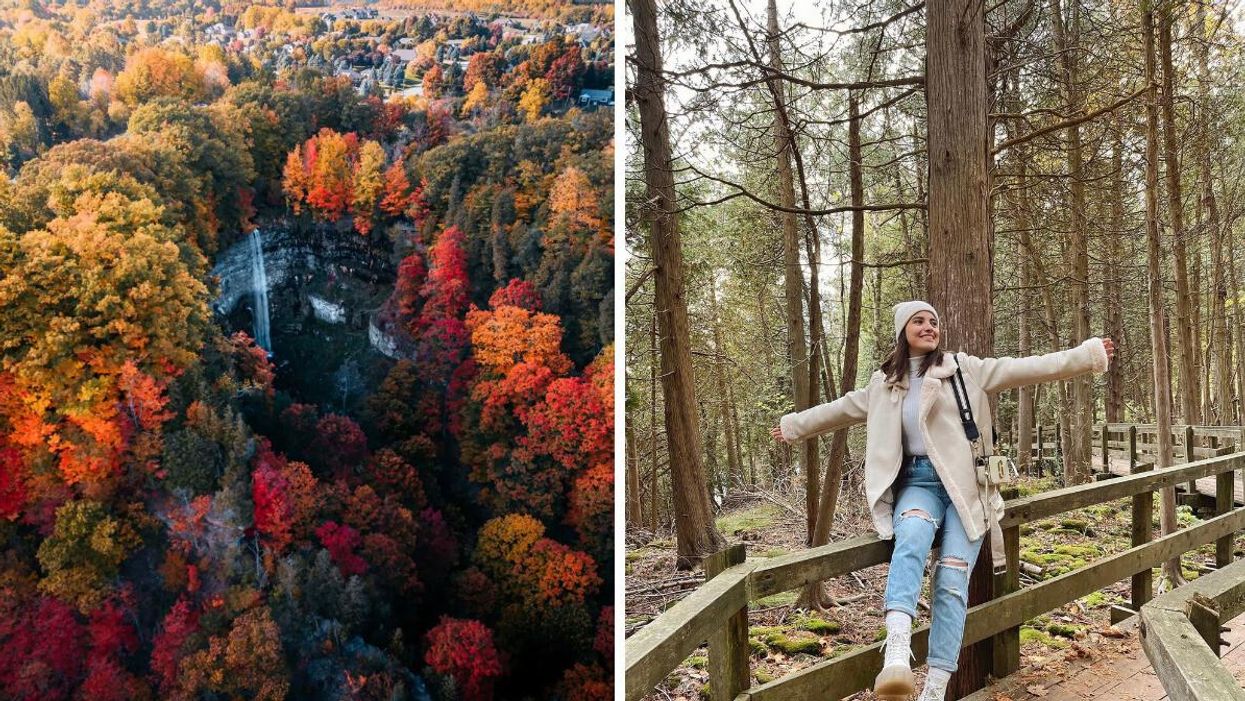 Waterfall surrounded by fall colours. Right: Woman standing on a boardwalk.