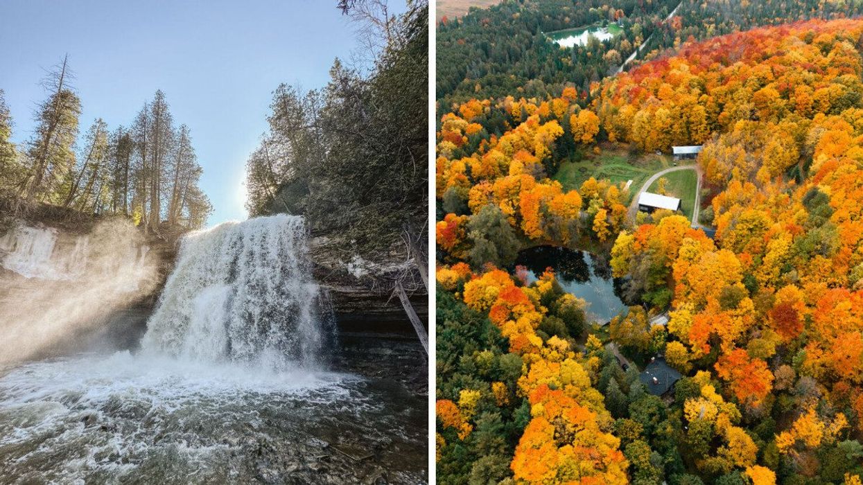 Waterfall surrounded by trees. Right: The Hollow Mill surrounded by fall colours.