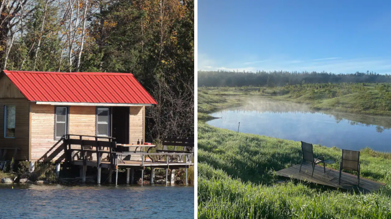Waterfront Cabin on Private Trout Lake. Right: View from the deck at the Bullfrog Bunkie Tiny House.