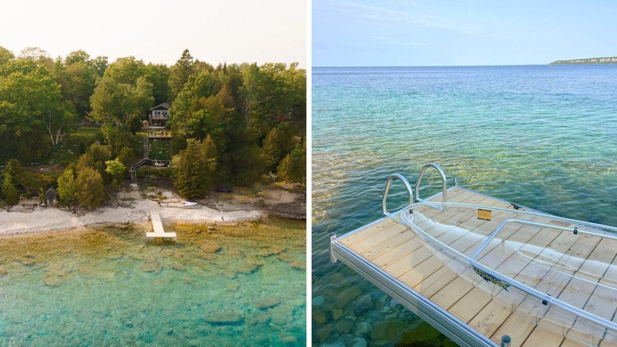 Waterfront cottage. Right: Dock with canoe.