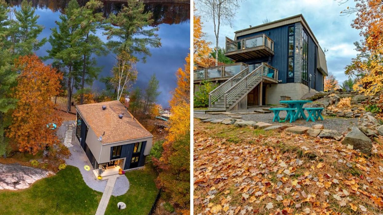 Waterfront home for sale surrounded by fall colours.