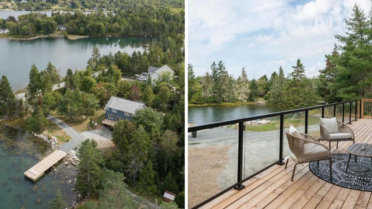 Waterfront house for sale in Nova Scotia that's on a private cove. Right: View of the water from the house's deck.