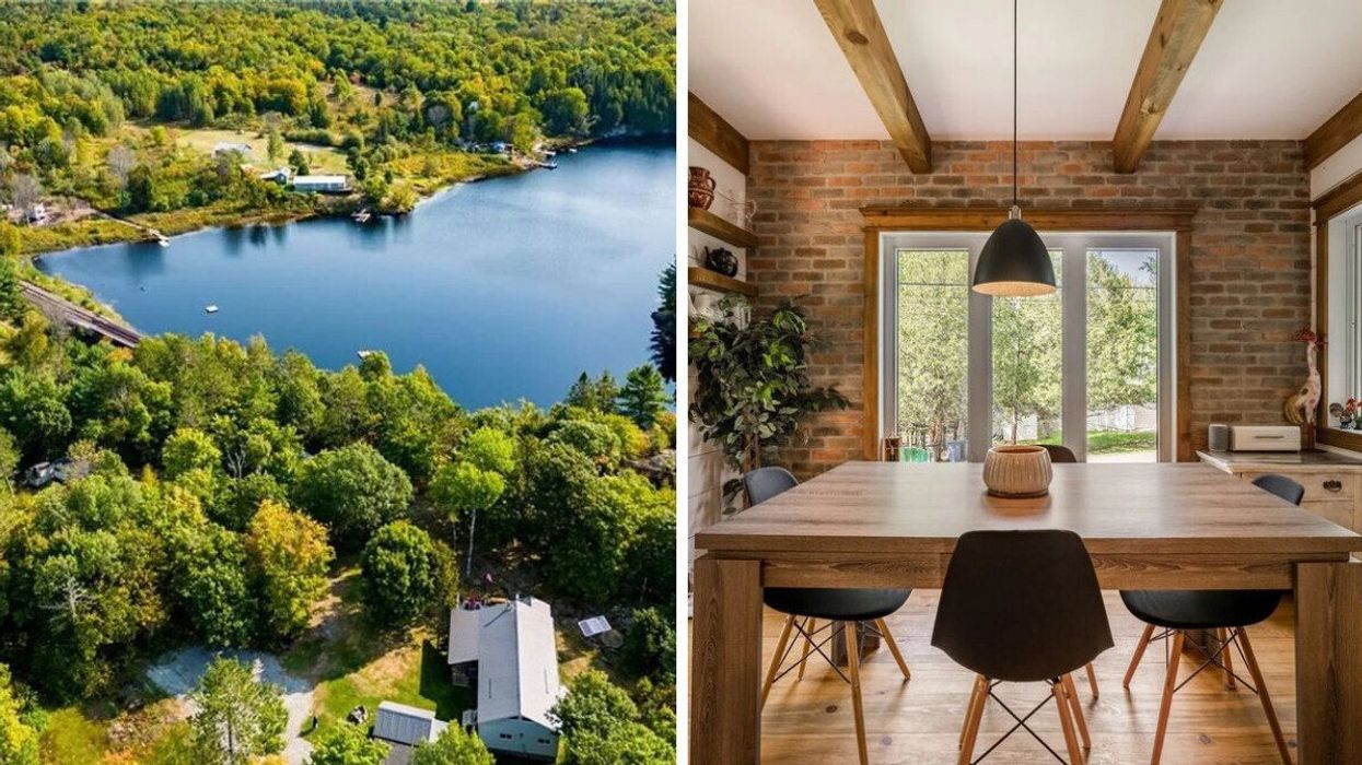 Waterfront house for sale in Ontario. Right: Dining room of a lake house for sale in Quebec.
