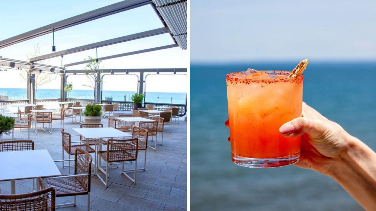 Waterfront patio at the Isabelle Restaurant + Lounge. Right: Hand holding an orange cocktail by the water.