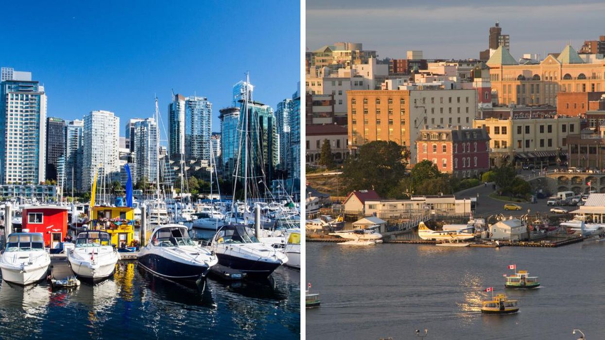 Waterfront properties and boats in Vancouver, BC, and, right, waterfront properties in Victoria, BC.
