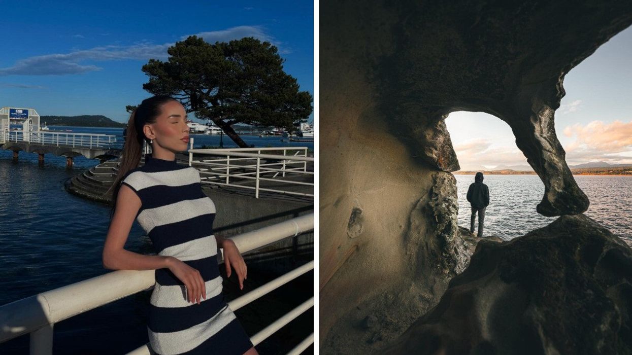 Waterfront. Right: A person near the water and sandstone rock formations.