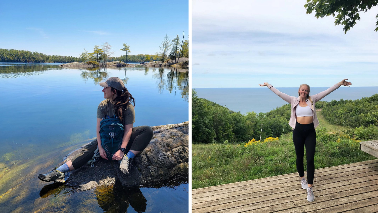 Waterfront view in Charleston Lake Provincial Park. Right: Lookout platform in Loree Forest.