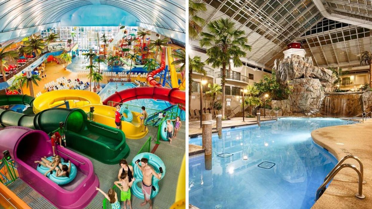 Waterpark with colourful slides. Right: Pool with palm trees and waterfall.